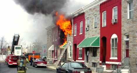 Rowhouse fire, downtown Baltimore, photo by BCFOA